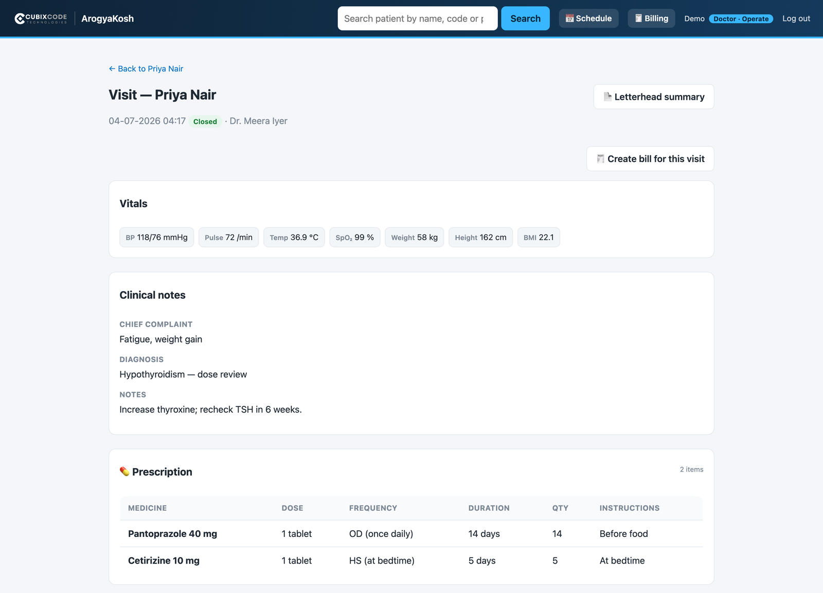 A walk-in visit — vitals with auto-calculated BMI, diagnosis and a structured prescription on one screen