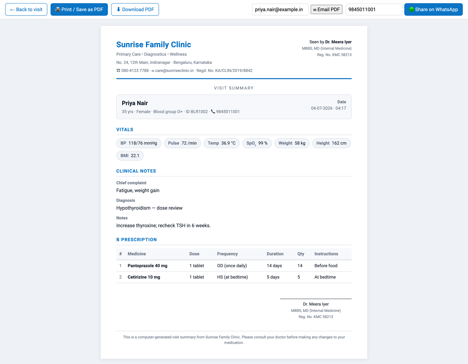 A clean letterhead visit summary with one-tap Print, Download PDF, Email and Share on WhatsApp