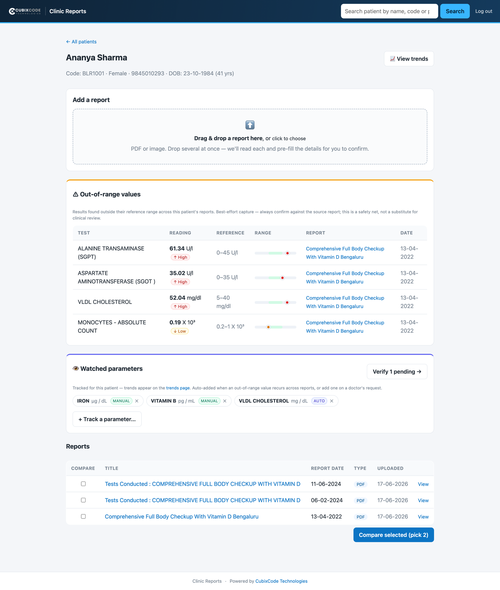 ArogyaKosh patient record — visits, reports and trends in one place
